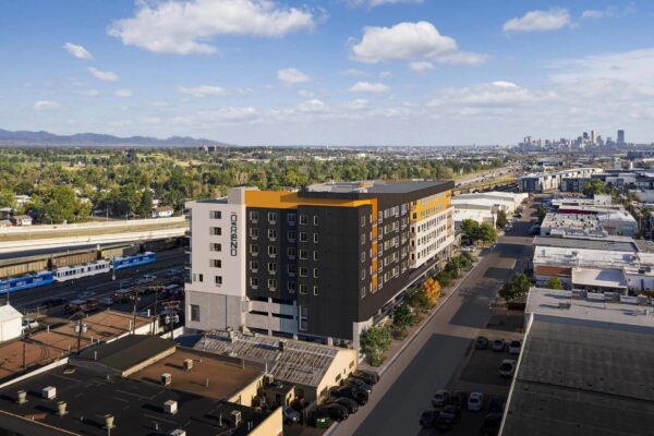 The Overland apartments with colorful modern construction and ample parking.