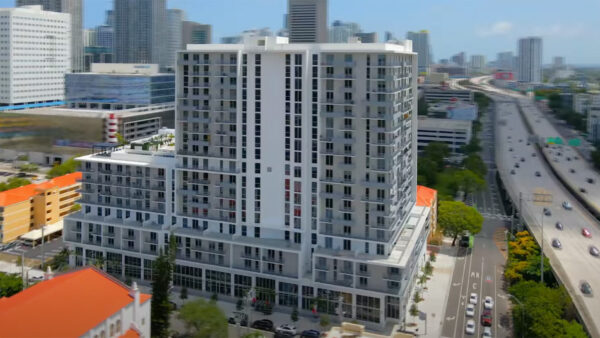 Aerial view of Arte Grand Central Overtown apartments.