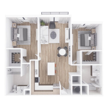 Rendering of the B1 floor plan with 2 bedroom[s] and 2 bathroom[s] at Sanctuary Doral
