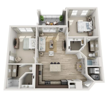 Rendering of the B1 floor plan with 2 bedroom[s] and 2 bathroom[s] at The Point at Bella Grove