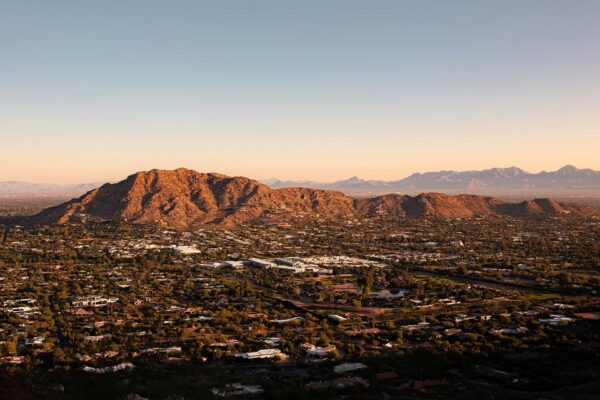 Aerial view of Phoenix, Arizona at sunset.