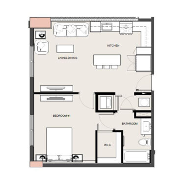 Rendering of the a11 floor plan with 1 bedroom[s] and 1 bathroom[s] at Arte Grand Central