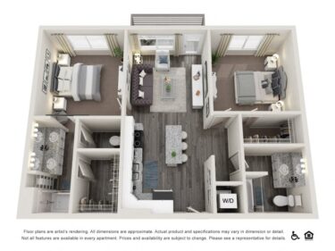 Rendering of the B3 floor plan with 2 bedroom[s] and 2 bathroom[s] at Copper 87