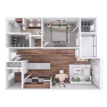 Rendering of the D floor plan with 1 bedroom[s] and 1 bathroom[s] at Village at Mission Farms