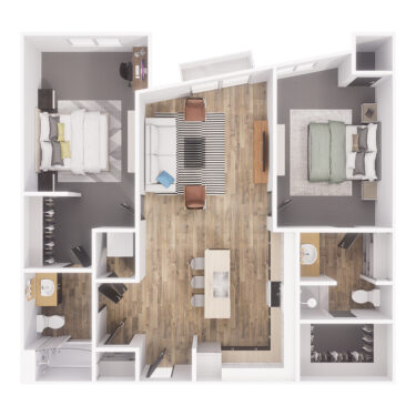 Rendering of the B4 floor plan with 2 bedroom[s] and 2 bathroom[s] at The Overland