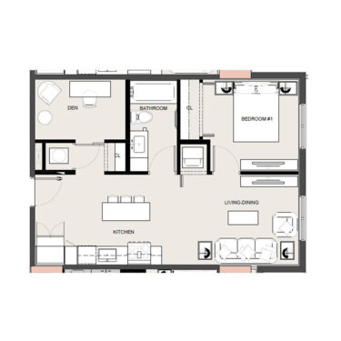 Rendering of the A13 1x1 w/Den floor plan with 1 bedroom[s] and 1 bathroom[s] at Arte Grand Central
