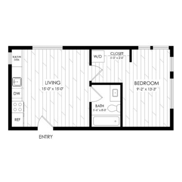 Rendering of the 1 Bedroom, 1 Bathroom A1 Furnished floor plan with 1 bedroom[s] and 1 bathroom[s] at The Economist