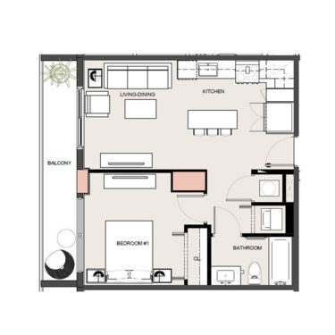 Rendering of the A6 floor plan with 1 bedroom[s] and 1 bathroom[s] at Arte Grand Central