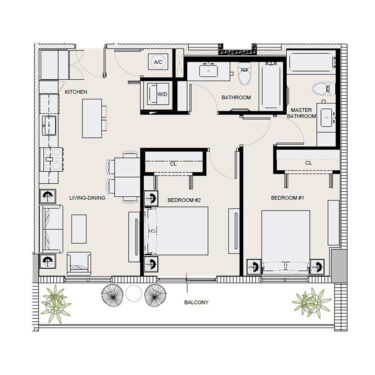 Rendering of the b1 floor plan with 2 bedroom[s] and 2 bathroom[s] at Arte Grand Central