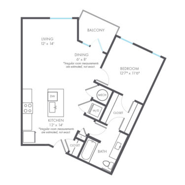 Rendering of the Pinstripe floor plan with 1 bedroom[s] and 1 bathroom[s] at Arte Kansas City