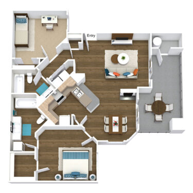 Rendering of the 2A floor plan with 2 bedroom[s] and 2 bathroom[s] at Pavilions at Arrowhead