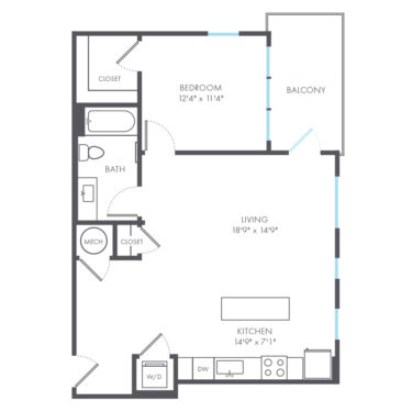 Rendering of the Escala floor plan with 1 bedroom[s] and 1 bathroom[s] at Arte Kansas City