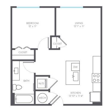 Rendering of the Mod floor plan with 1 bedroom[s] and 1 bathroom[s] at Arte Kansas City