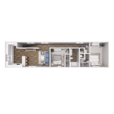 Rendering of the B2 floor plan with 2 bedroom[s] and 1 bathroom[s] at Cottages at Torin Point