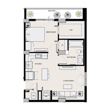Rendering of the a9 floor plan with 1 bedroom[s] and 1 bathroom[s] at Arte Grand Central