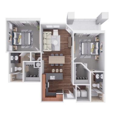Rendering of the C4 floor plan with 2 bedroom[s] and 2 bathroom[s] at Highlands Lodge