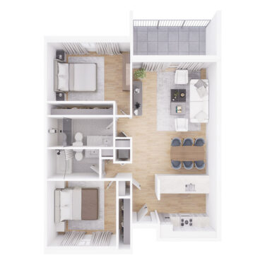 Rendering of the B2 floor plan with 2 bedroom[s] and 2 bathroom[s] at Tempe Vista