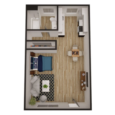Rendering of the Cambridge floor plan with a Studio bedroom and 1 bathroom[s] at Omnia on Thomas
