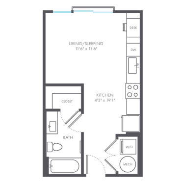 Rendering of the Edie floor plan with a Studio bedroom and 1 bathroom[s] at Arte Kansas City