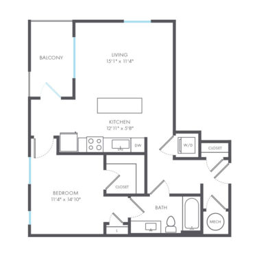Rendering of the Fluxus floor plan with 1 bedroom[s] and 1 bathroom[s] at Arte Kansas City