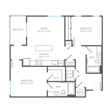 Rendering of the Herringbone floor plan with 2 bedroom[s] and 2 bathroom[s] at Arte Kansas City