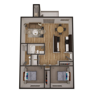 Rendering of the 2x2 910 sqft - Classic floor plan with 2 bedroom[s] and 2 bathroom[s] at Latitude