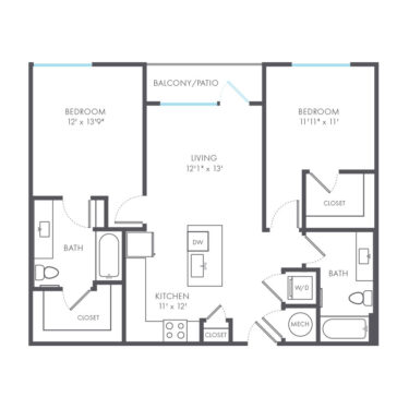 Rendering of the Vincent floor plan with 2 bedroom[s] and 2 bathroom[s] at Arte Kansas City