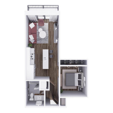 Rendering of the S2 floor plan with a Studio bedroom and 1 bathroom[s] at 29x