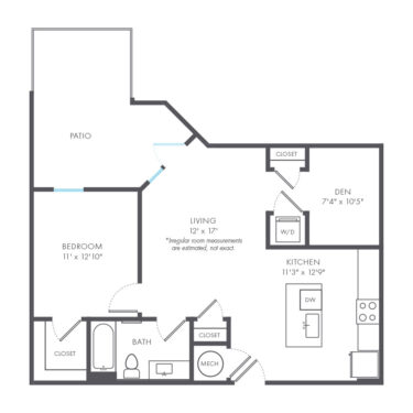 Rendering of the Rococo floor plan with 1 bedroom[s] and 1 bathroom[s] at Arte Kansas City