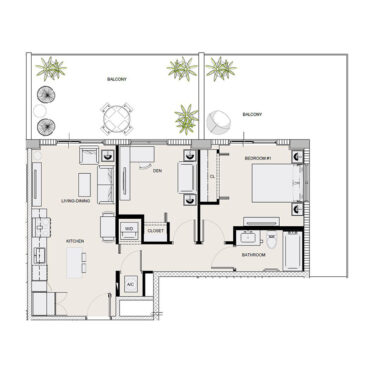 Rendering of the ba2 floor plan with 2 bedroom[s] and 1 bathroom[s] at Arte Grand Central