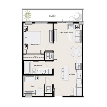 Rendering of the A16 1x1 w/Den floor plan with 1 bedroom[s] and 1 bathroom[s] at Arte Grand Central