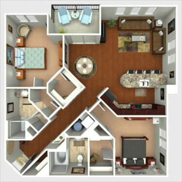 Rendering of the Rocky Flats floor plan with 2 bedroom[s] and 2 bathroom[s] at Centre Court