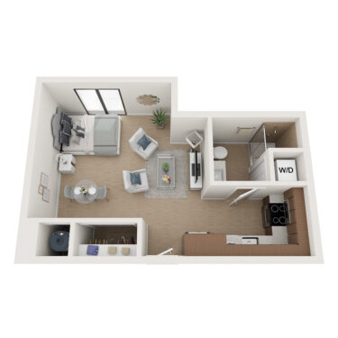 Rendering of the S8/S9 floor plan with a Studio bedroom and 1 bathroom[s] at Arte Grand Central