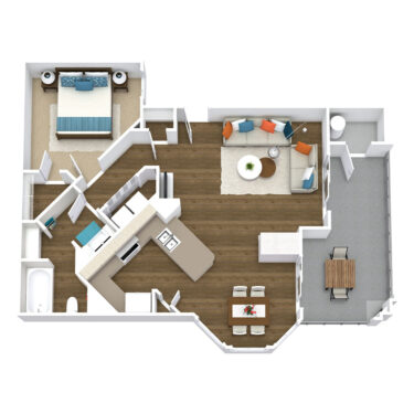 Rendering of the 1A floor plan with 1 bedroom[s] and 1 bathroom[s] at Pavilions at Arrowhead