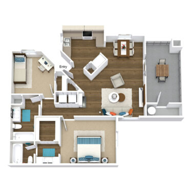 Rendering of the 2B floor plan with 2 bedroom[s] and 2 bathroom[s] at Pavilions at Arrowhead