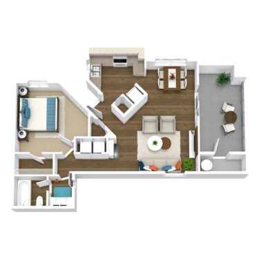 Rendering of the 1B floor plan with 1 bedroom[s] and 1 bathroom[s] at Pavilions at Arrowhead