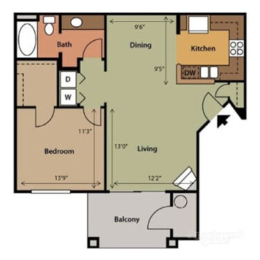 Rendering of the Floor Plan A1 floor plan with 1 bedroom[s] and 1 bathroom[s] at Springs at Alta Mesa