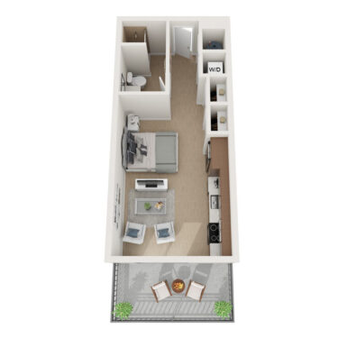 Rendering of the s5 floor plan with a Studio bedroom and 1 bathroom[s] at Arte Grand Central