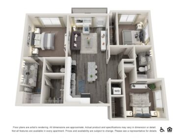 Rendering of the C1 floor plan with 3 bedroom[s] and 2 bathroom[s] at Copper 87