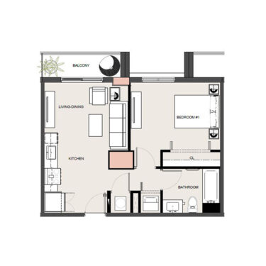 Rendering of the A5 floor plan with 1 bedroom[s] and 1 bathroom[s] at Arte Grand Central