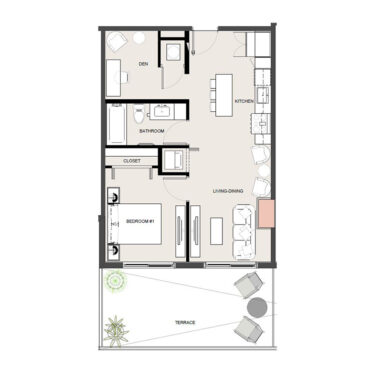 Rendering of the A12 1x1 w/Den floor plan with 1 bedroom[s] and 1 bathroom[s] at Arte Grand Central