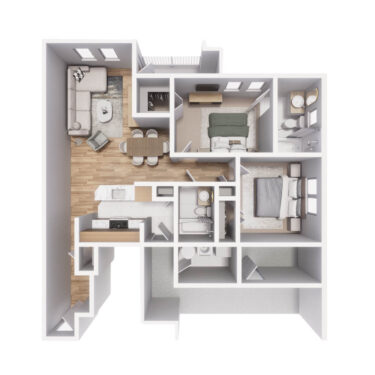 Rendering of the B4 floor plan with 2 bedroom[s] and 2 bathroom[s] at Mandarina