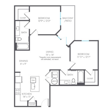 Rendering of the Deco floor plan with 2 bedroom[s] and 2 bathroom[s] at Arte Kansas City