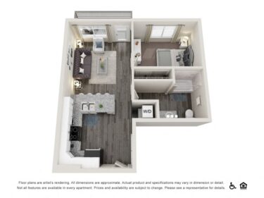 Rendering of the A2 floor plan with 1 bedroom[s] and 1 bathroom[s] at Copper 87