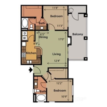 Rendering of the Floor Plan B1 floor plan with 2 bedroom[s] and 2 bathroom[s] at Springs at Alta Mesa