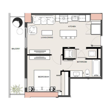 Rendering of the A4 floor plan with 1 bedroom[s] and 1 bathroom[s] at Arte Grand Central