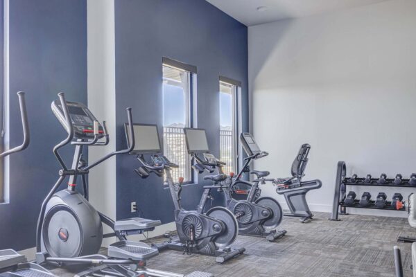 Copper 87 apartments fitness center with cardio machines and weight equipment.