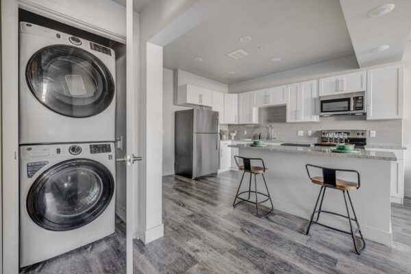 Copper 87 apartments kitchen and laundry closet.