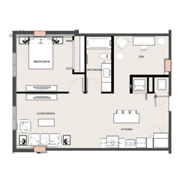 Rendering of the a18d floor plan with 1 bedroom[s] and 1 bathroom[s] at Arte Grand Central
