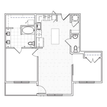Rendering of the B1 floor plan with 1 bedroom[s] and 1.5 bathroom[s] at The Locale